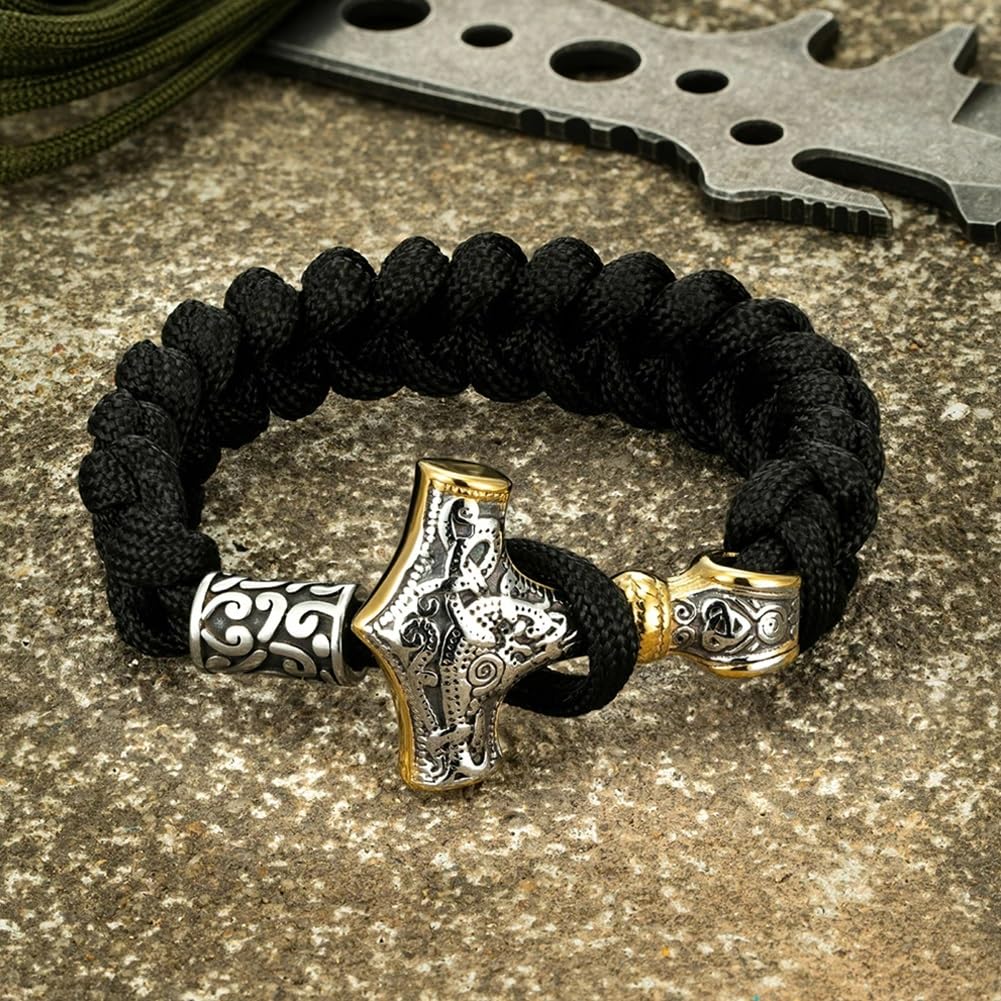 Skórzana bransoletka dla mężczyzn, Viking Mjolnir Paracord Bransoletka ze stali nierdzewnej Złoto Srebro 19cm-23cm