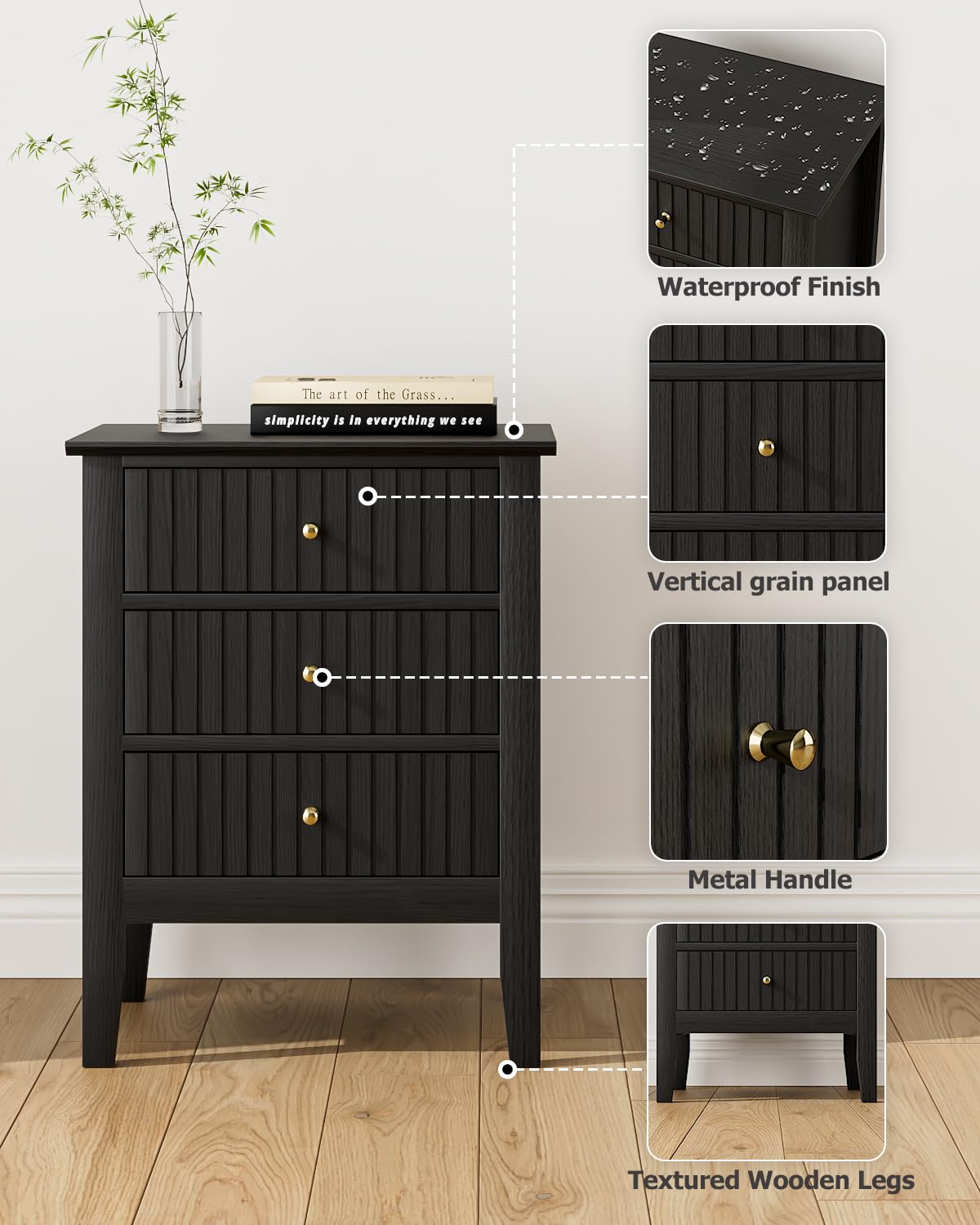 HEYZOEY Vintage Nachttisch mit 3 Schubladen, Retro Nachtkommode in Schwarz, Beistelltisch für Schlafzimmer und Wohnzimmer, 45 x 33 x 61 cm