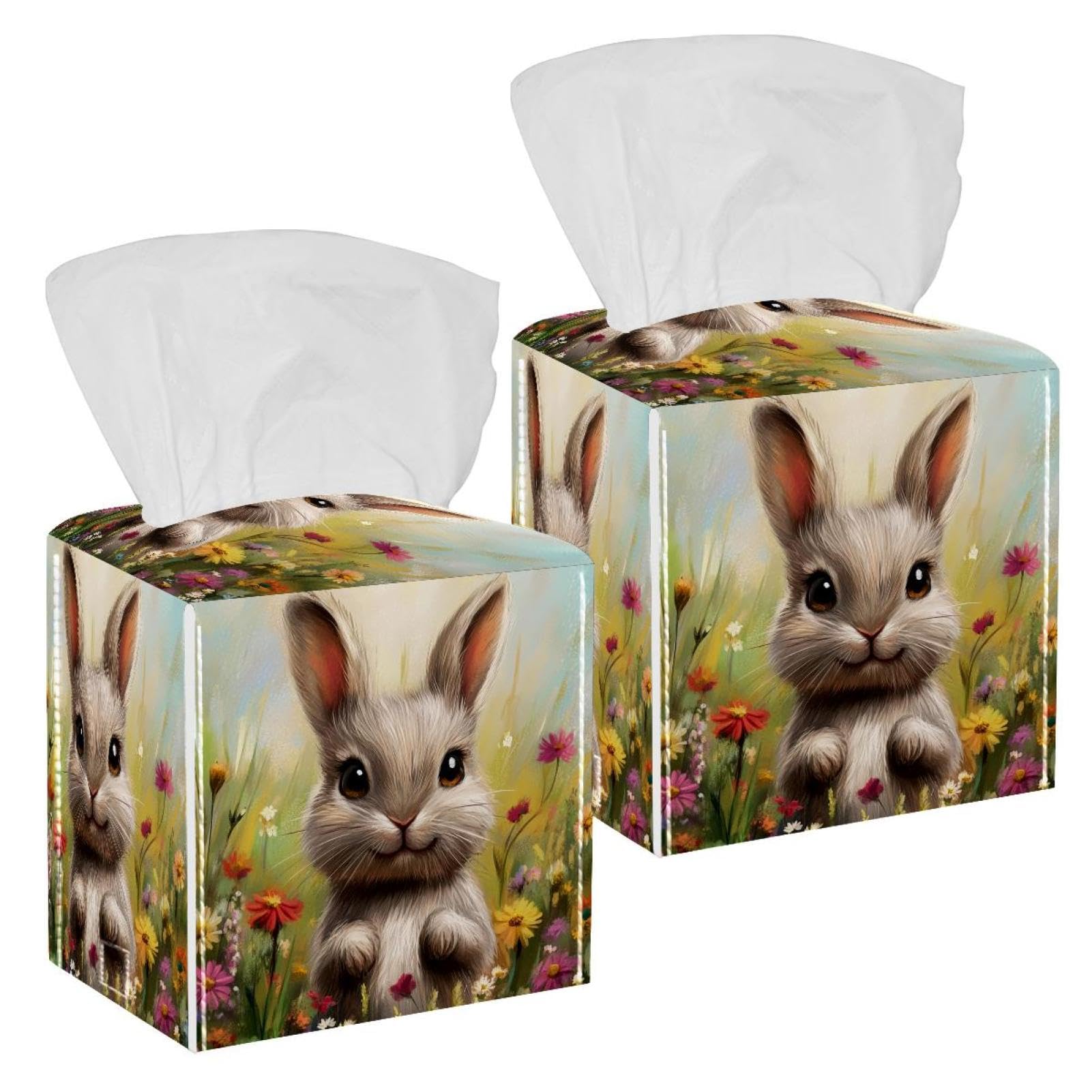 Cute Rabbit Tissue Box Cover, 2 Pack PU Leather Square Facial Tissue Dispenser Box holder for Home Office Car