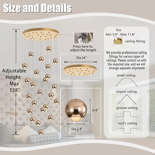 Miniatura 4 de Candelabro de cristal de granja, luces colgantes de lujo para techo alto para vestíbulo, escalera, 24 luces, lámpara dorada regulable 2700 K-6000 K