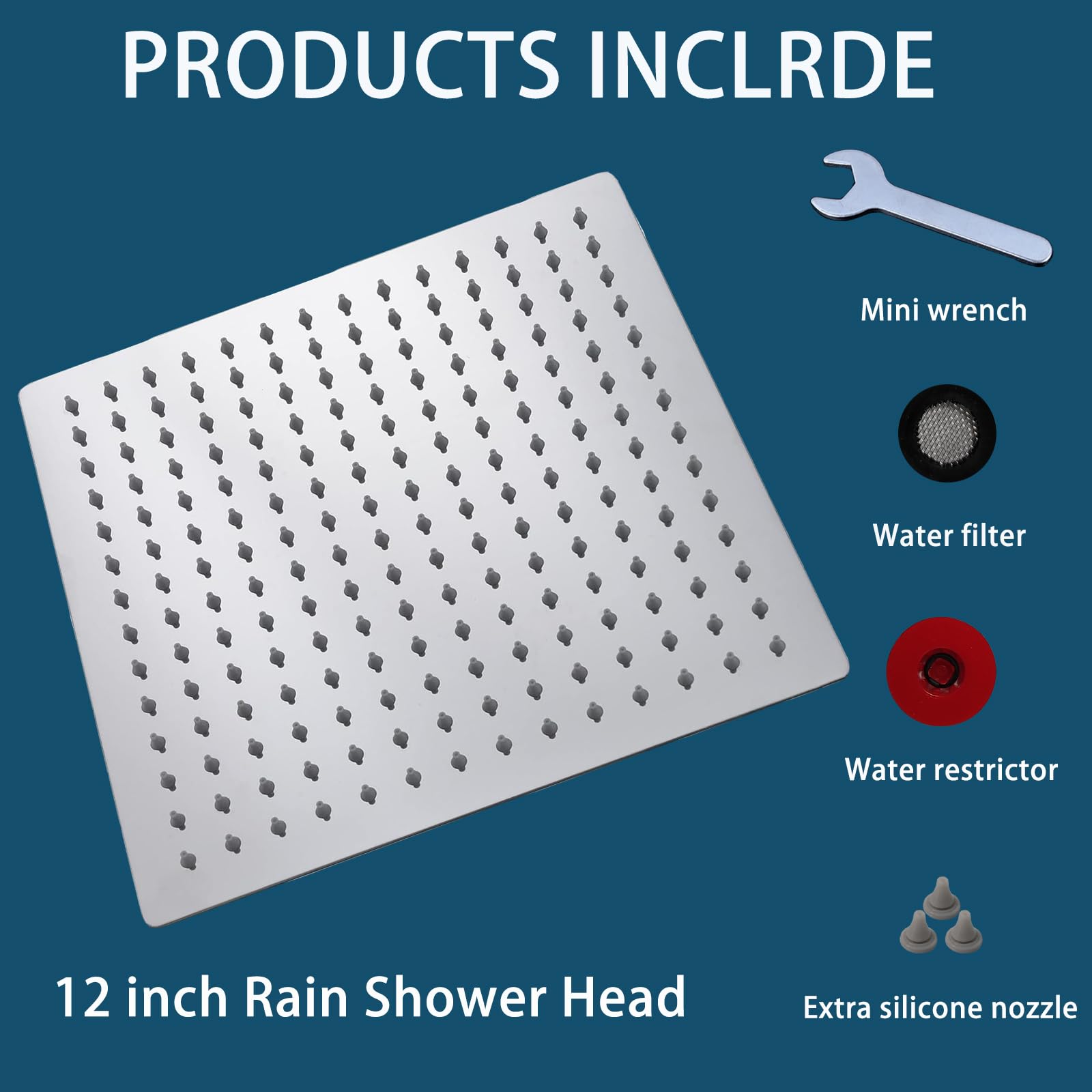 Cabezal de Ducha Tipo Lluvia, Cabezal de Ducha Tipo Lluvia Cuadrado de Acero Inoxidable de Alta Presión y Alto Caudal, Increíble Experiencia de Ducha Incluso con Poco Caudal de Agua (30cm, Cromo)