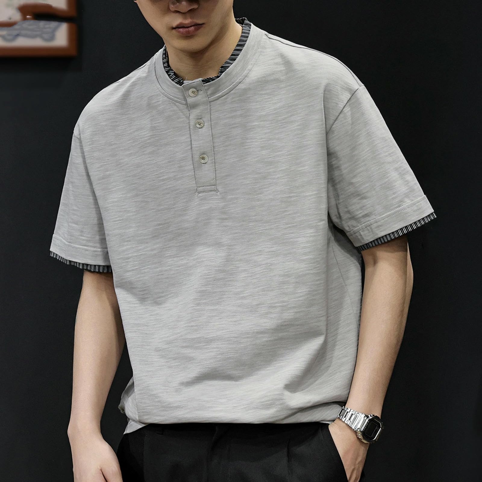Oversized Tshirt Herren Lässiges, Locker Geschnittenes Sommer-T-Shirt Für Herren In Großen Größen Mit Farblich Abgesetztem Einsatz Und Polokragen