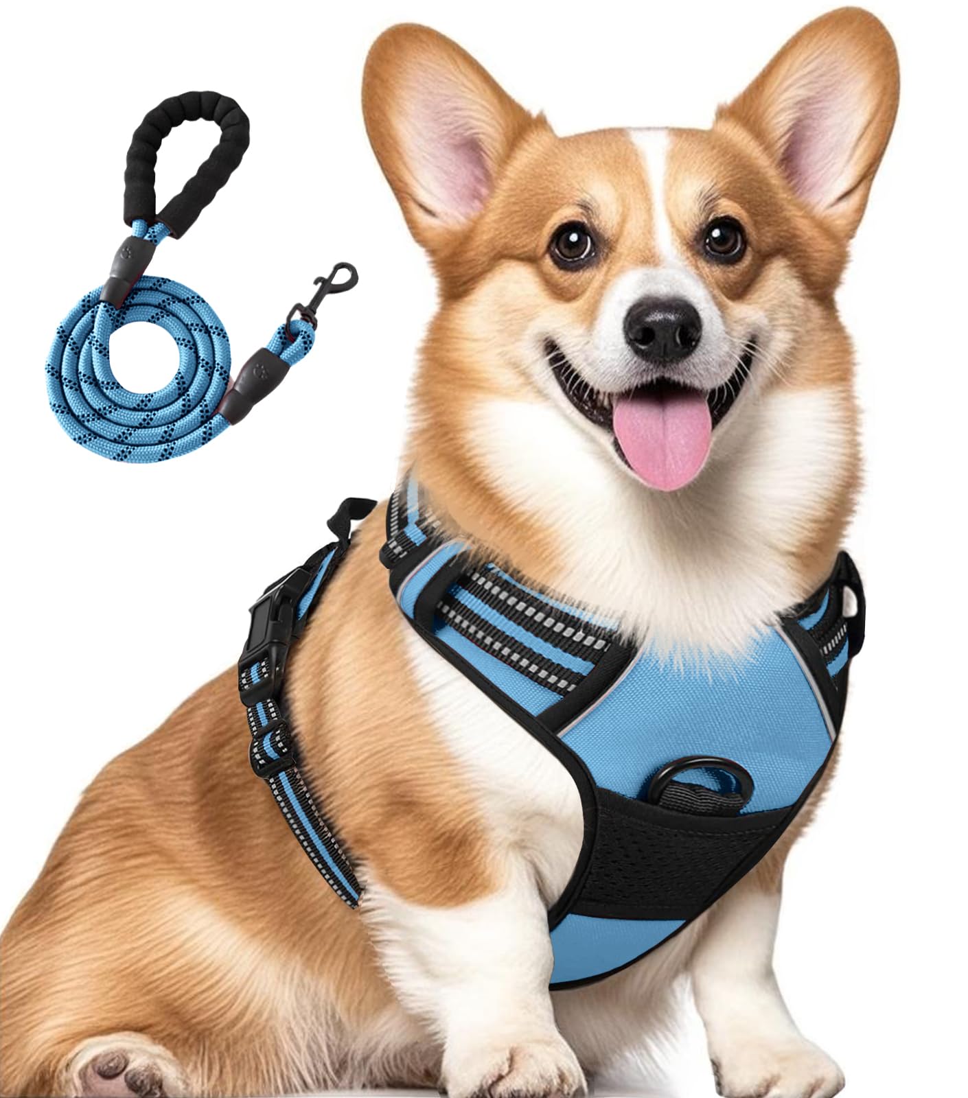 Jomkig No-Pull Adjustable Pet Harness with Free 5ft Leash Medium Breathable Dog Vest Reflective Padded Dog Harness for Outdoor Walking Training, Blue, Medium
