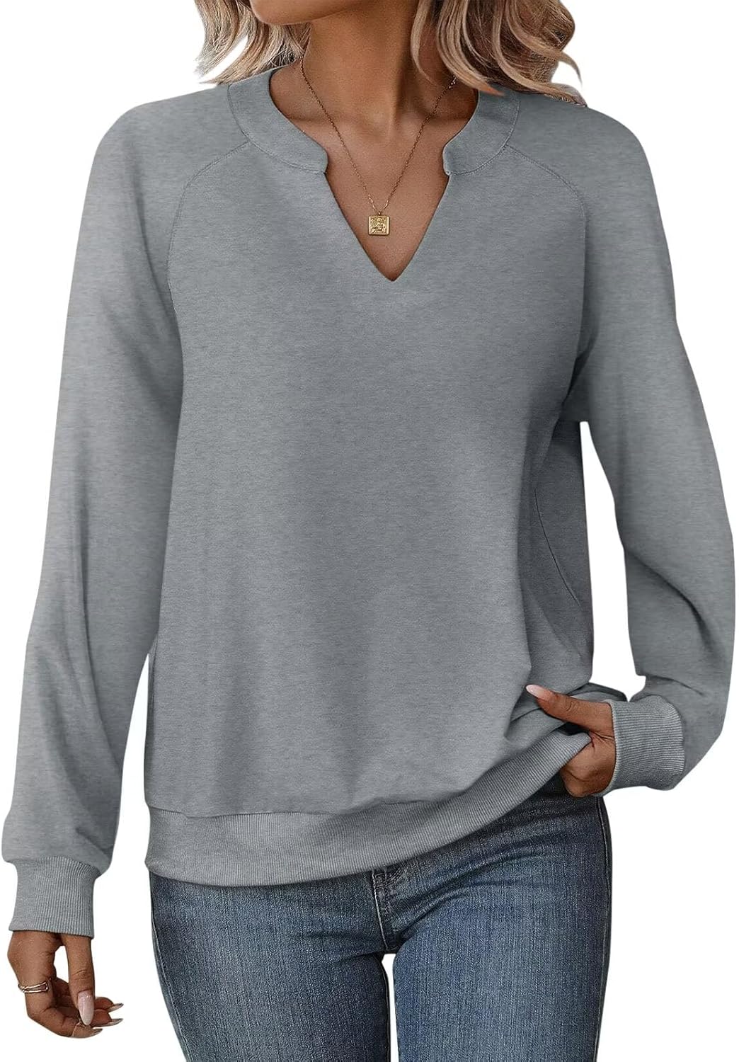 EADINVE Women Casual Long Sleeve V Neck Sweatshirts Cute Loose Fit Lightweight Pullover Tops