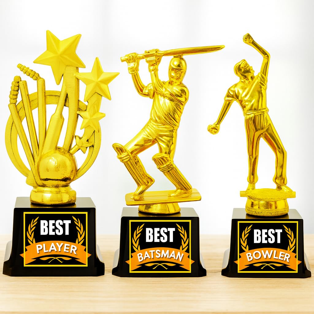 Spellbale Cricket Trophy Set, Best Player, Best Batsman and Best Bowler Awards, 20 cm Golden with Black Base, Pack of 3-image-11