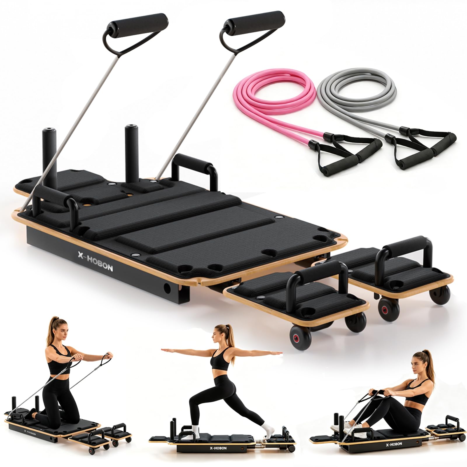 Pilates Reformer Board for Home with 4 Resistance Bands
