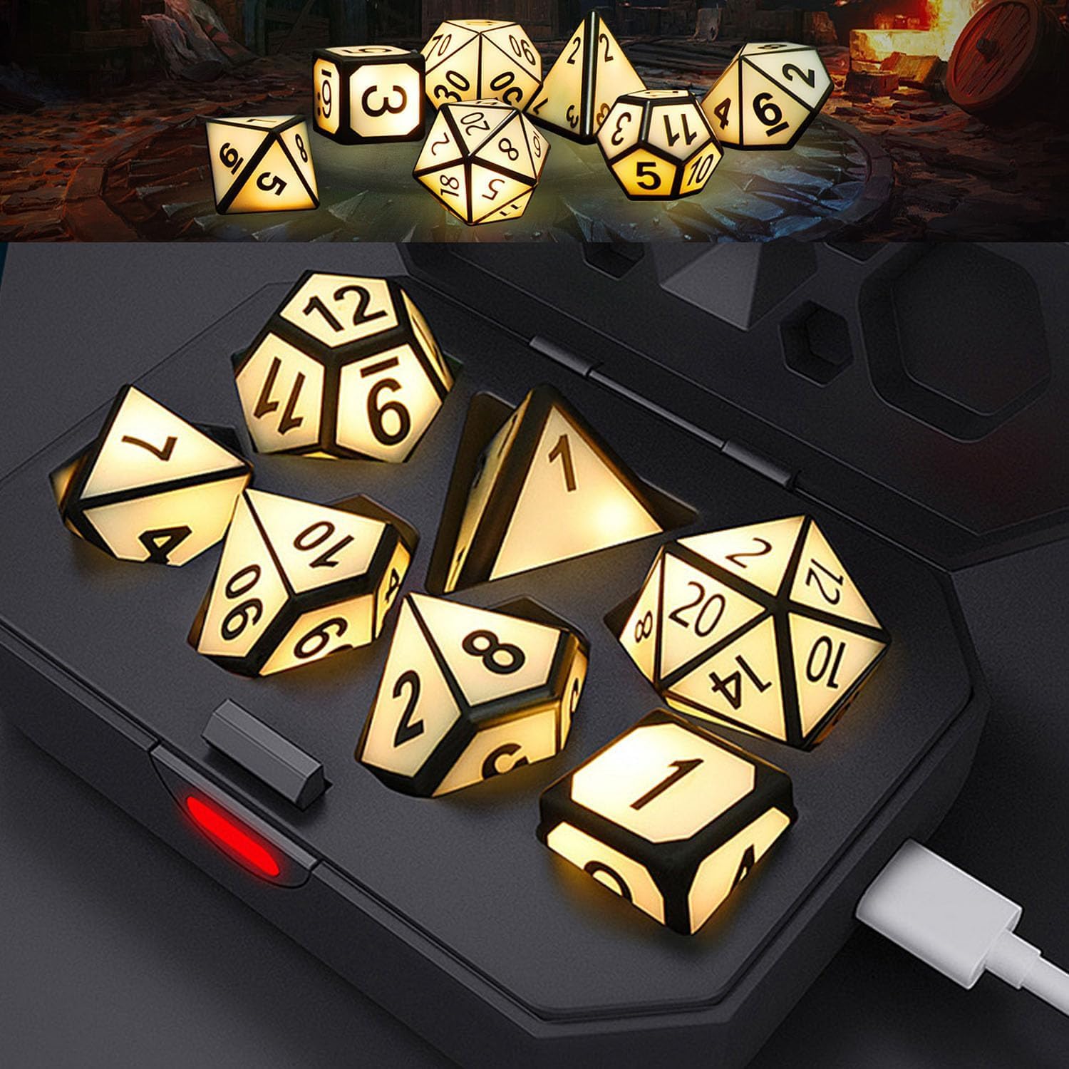 7 PCS Light Up DND Dice Set,Glow in The Dark Dice with Rechargable Dice Storage Box, D4,D…