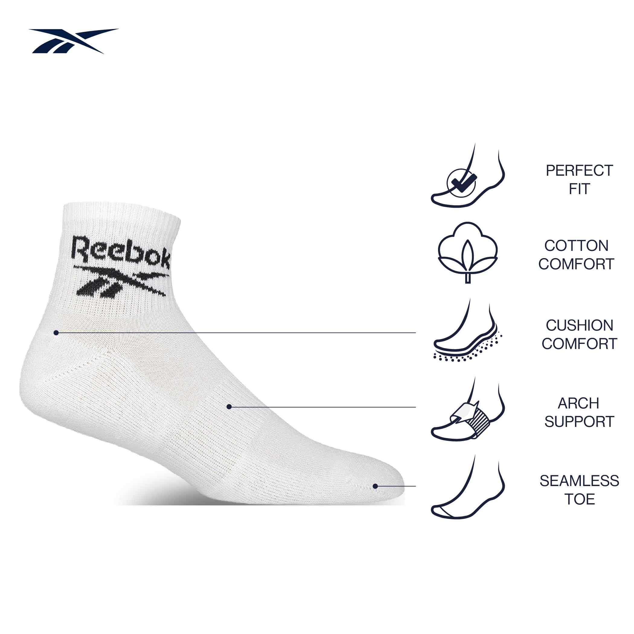 Reebok Chaussettes Cheville Unisex Core Ankle - Confortables Coton Respirant, Pour Usage Quotidien Sport Loisir Marche Yoga Fitness Lavables en Machine, Lot de 3 Paires