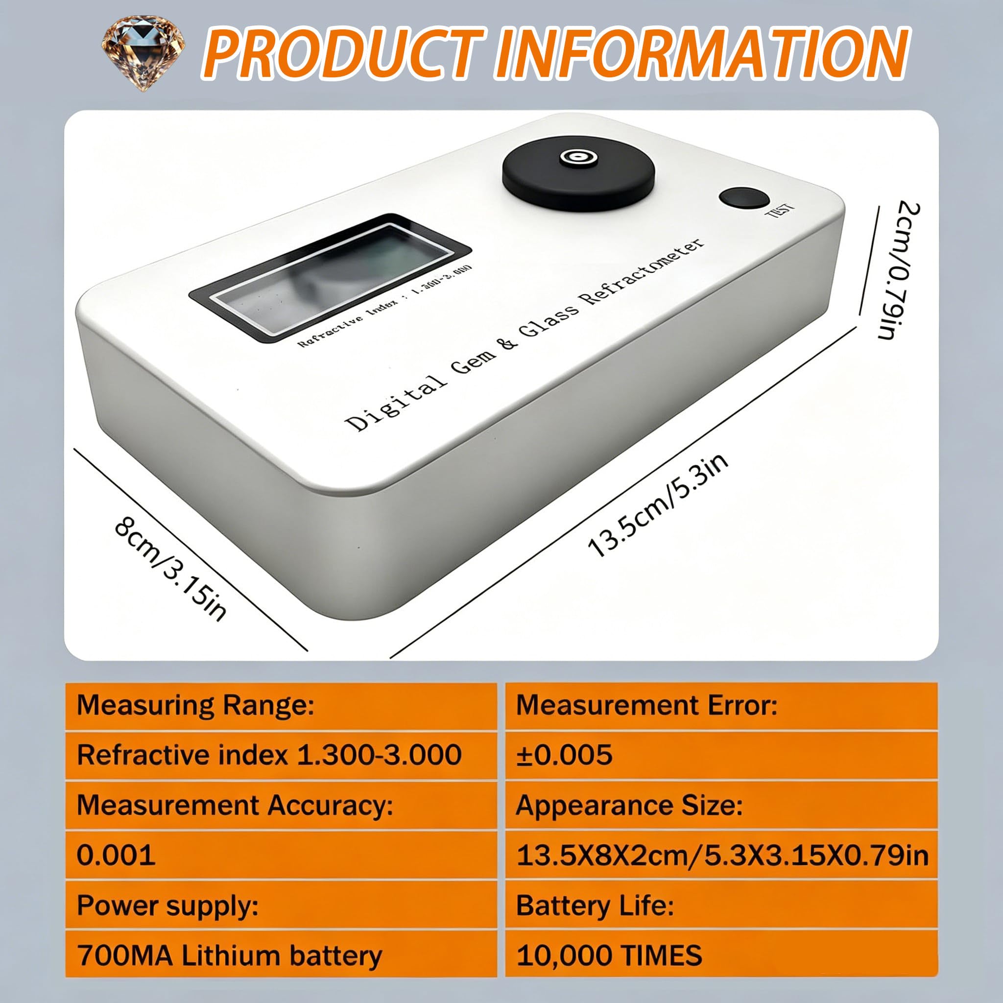 Refractómetro de Gemas Digital con Pantalla LCD y Batería de 700mAh, Índice de Refracción 1.300-3.000, Resolución de Medición 0.001, Adecuado para Tiendas de Joyas y Jade