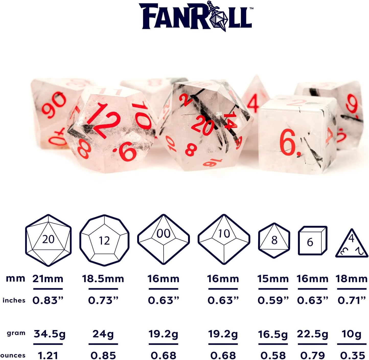 FanRoll 16mm Gemstone Stone Poly DND Dice Set: Black Rutilated Quartz, Role Playing Game Dice for Dungeons and Dragons