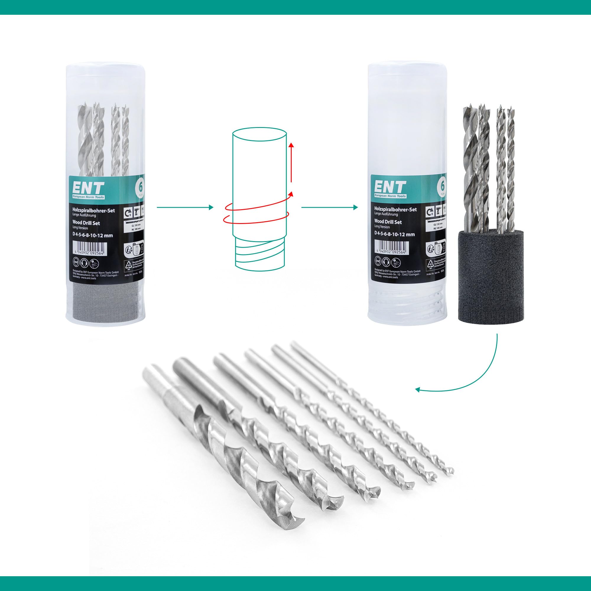 ENT 09256 Set di 6 punte per legno Ø 4, 5, 6, 8, 10 e 12 mm, lungo 150 mm, NL 100 mm, punte per legno rettificate in Acciaio a taglio rapido, per legno duro e tenero, adatte per trapani a batteria