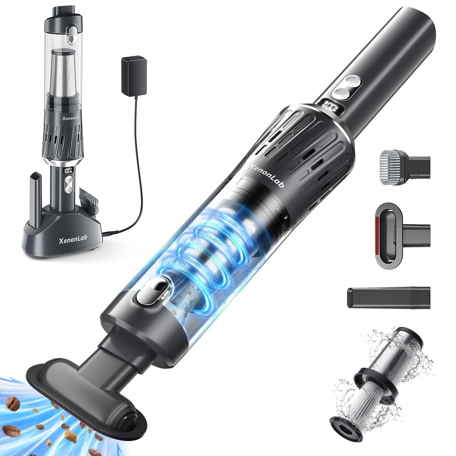 Photo 1 of XenonLab Handheld Vacuum Cordless 25000Pa Car Vacuum 3-in-1 Handheld Vacuum, Includes Smart Display and Charging Base Hand Vac Cordless Rechargeable One-Touch Empty for Home/Pet/Car(Silver)