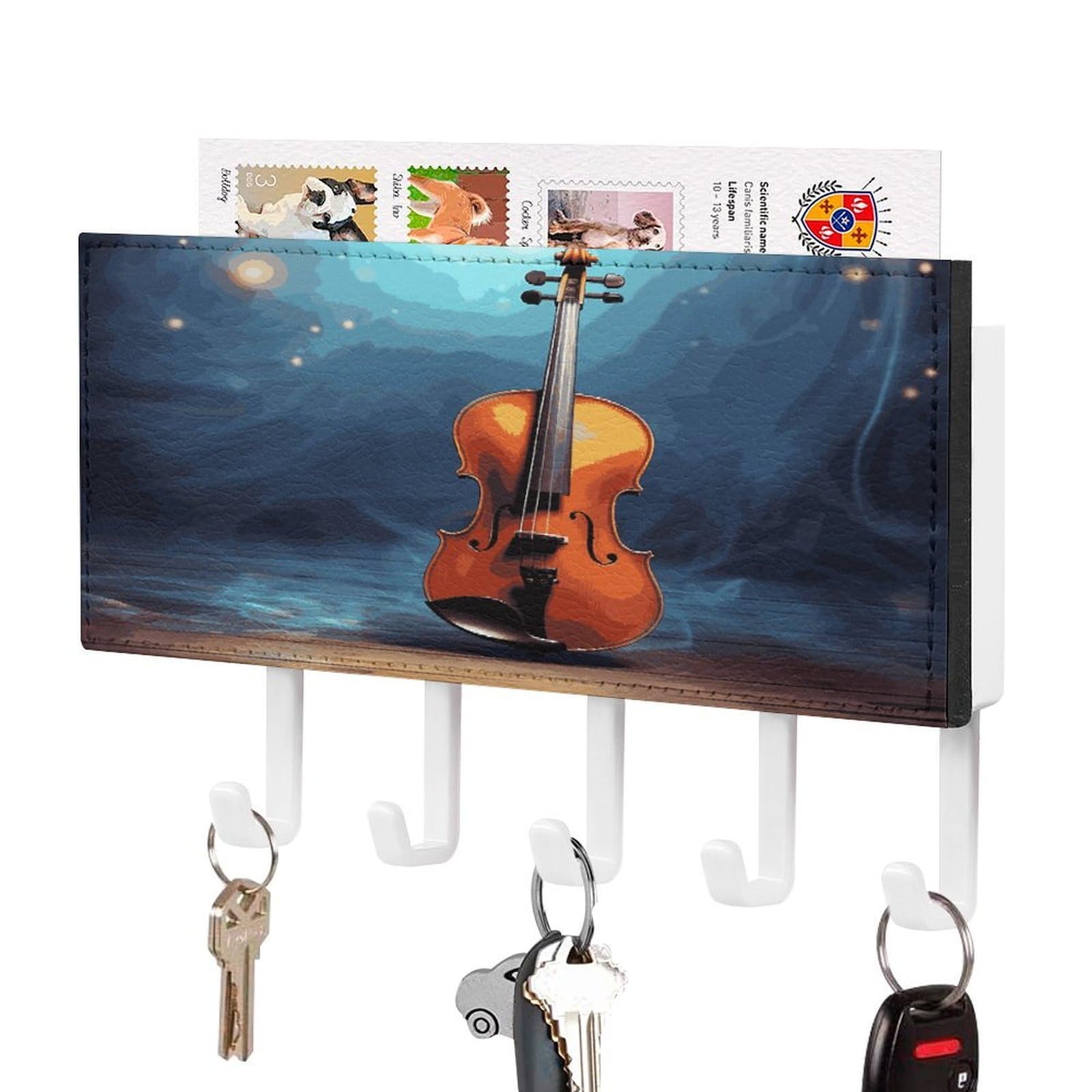 LDGSUPH Violin Poster Key Holder Wall Mount Key Hanger with 5 Hooks Fashion Key Organizer Rack Hanging Key Hooks with Mail Organizer Key Rack for Home Entryway Hallway White-Style