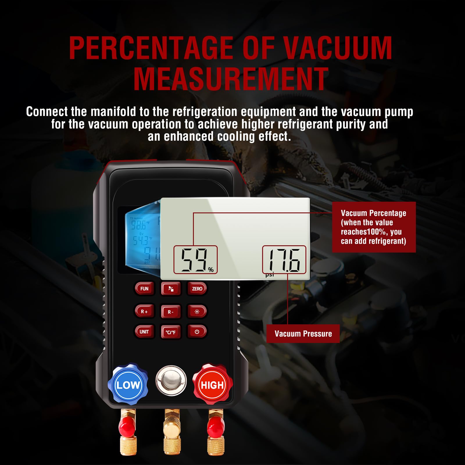 AMF-300 Manometro Digitale di Gas Refrigerazione, Manometro Per Vuoto Condizionatori per 93 tipi di refrigeranti con 2 morsetti di temperatura e tubi flessibili da 3000 PSI, HAVC Gigitale