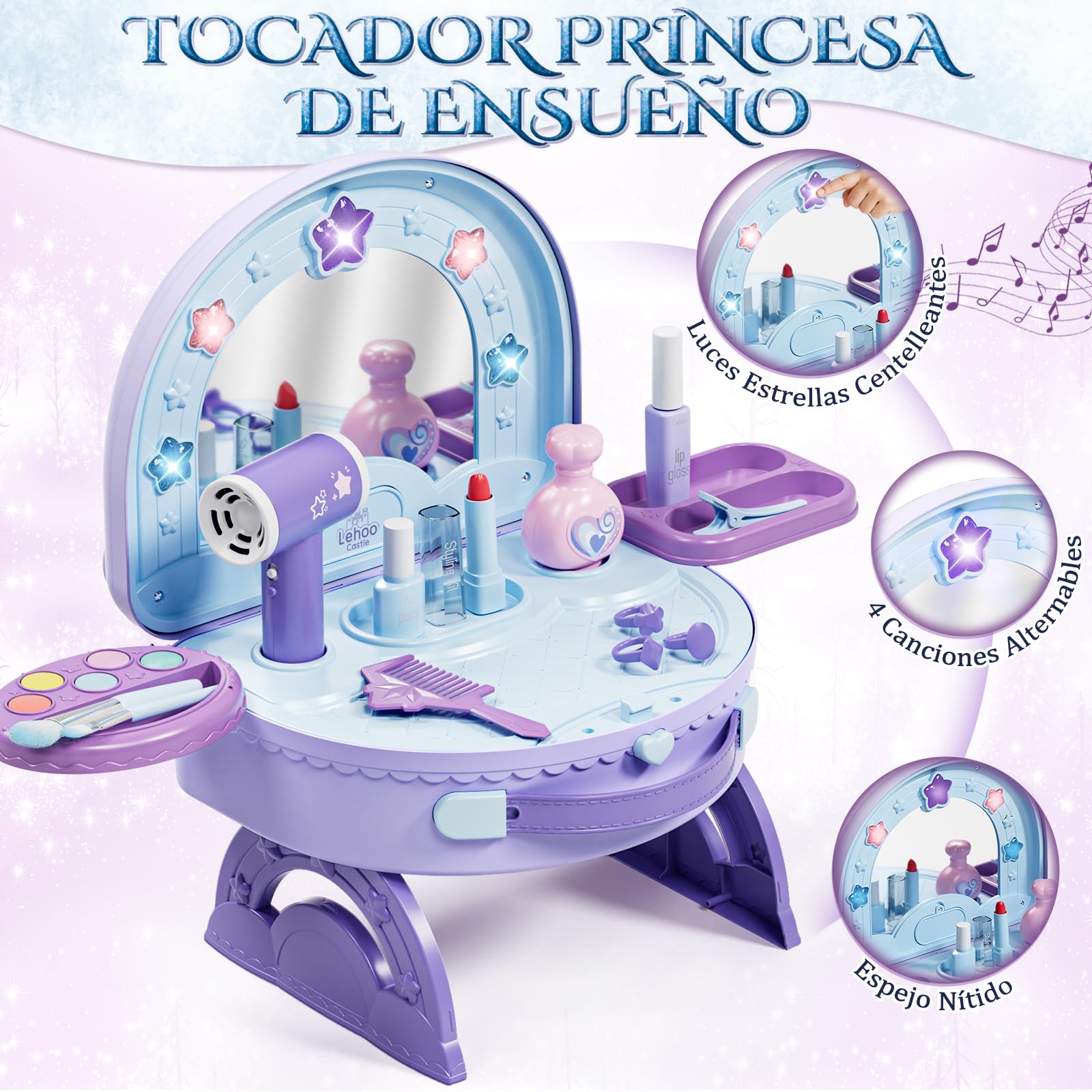 Lehoo Castle Juguete de Tocador para Niñas de 3, 4 y 5 Años, Tocador Portátil 2 en 1 con Kit de Maquillaje de Juguete, Tocador Infantil con Luces y Música, Regalo de Cumpleaños para Niñas a Partir