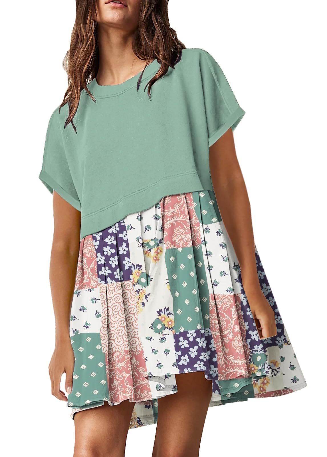 SAUKOLE Womens Summer Crew Neck Short Sleeve Dress Patchwork Pleated A Line Beach Mini Dress