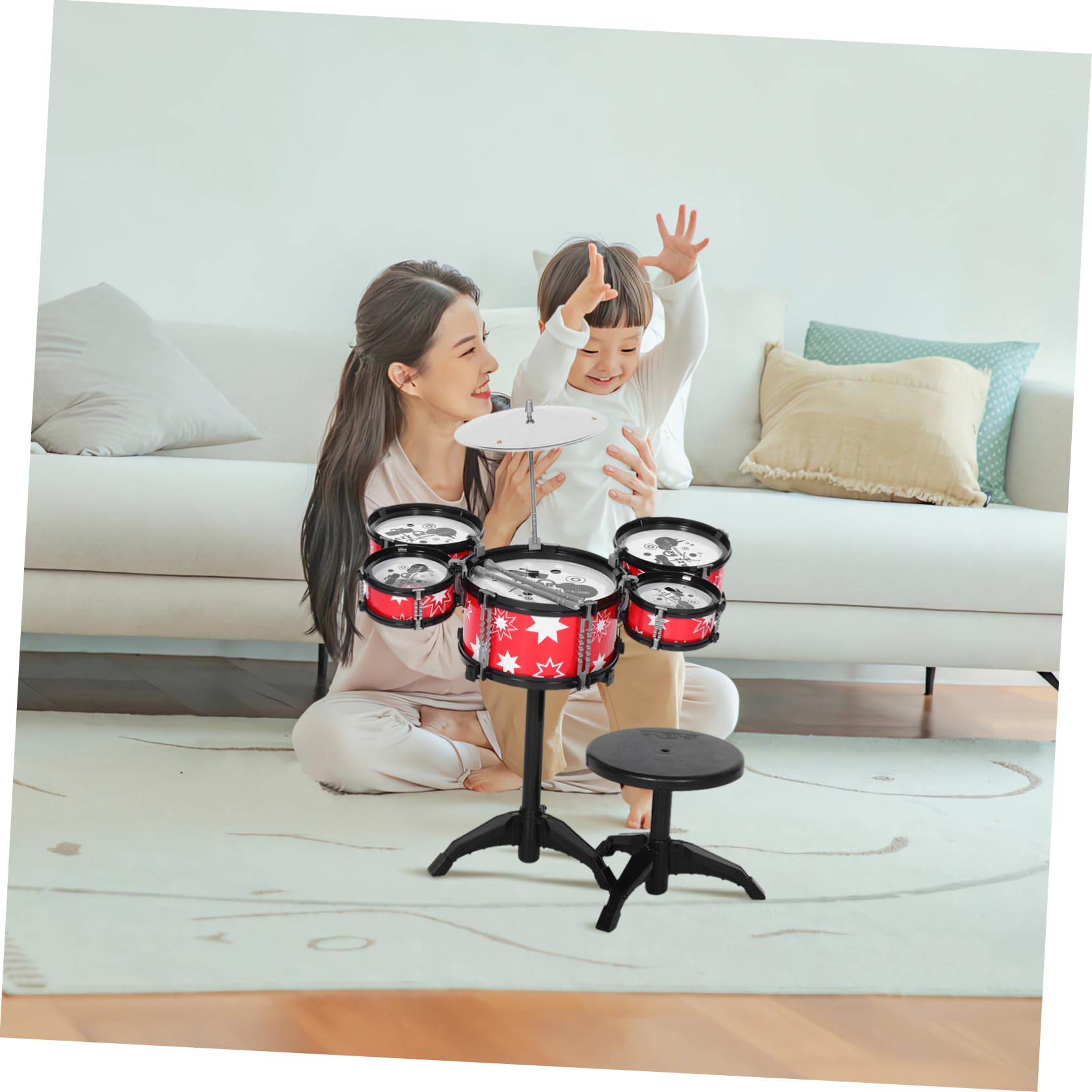 Piccola Batteria Giocattolo per Bambini e Piccoli, Plastico Rosso, Costruzione Robusta, Strumento Musicale Multifunzione per Giochi Educativi
