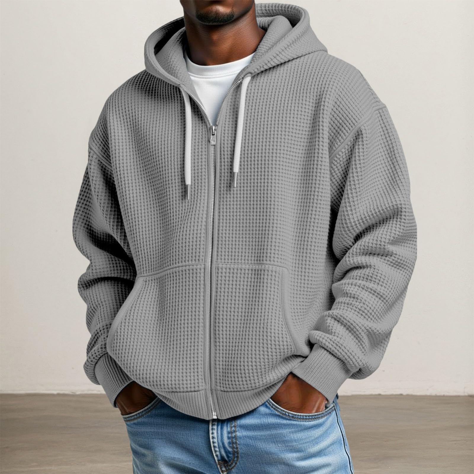 Sudadera con capucha para hombre, monocolor, con cremallera, sudadera de manga larga, tejido gofre, cremallera completa, sudadera con capucha con cordones ajustables, sudadera con capucha transpirable