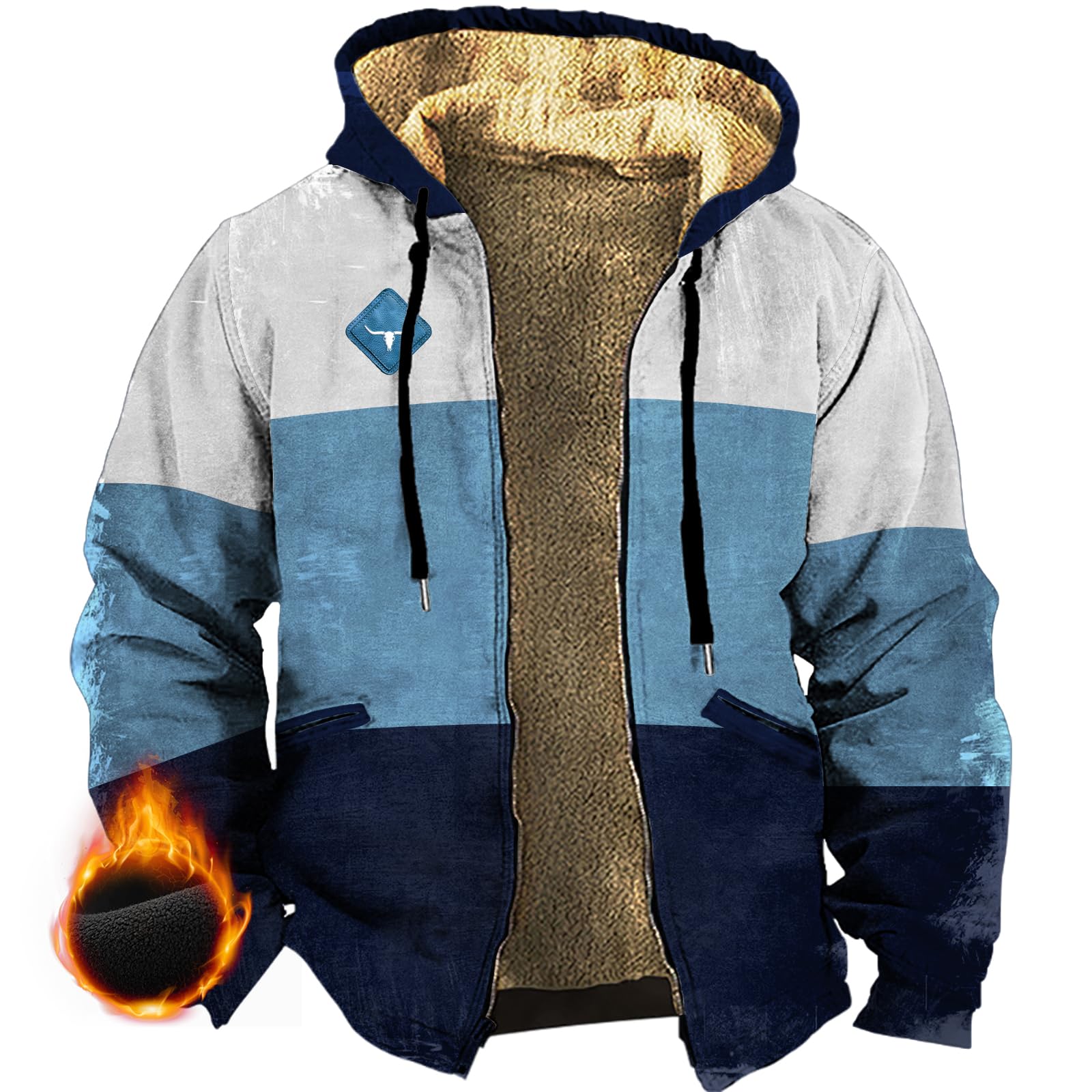 Western Fleece Jacket Men Vintage Graphic Sherpa Zip Up Heavy Warm Big and Tall Lined Coats with Hooded