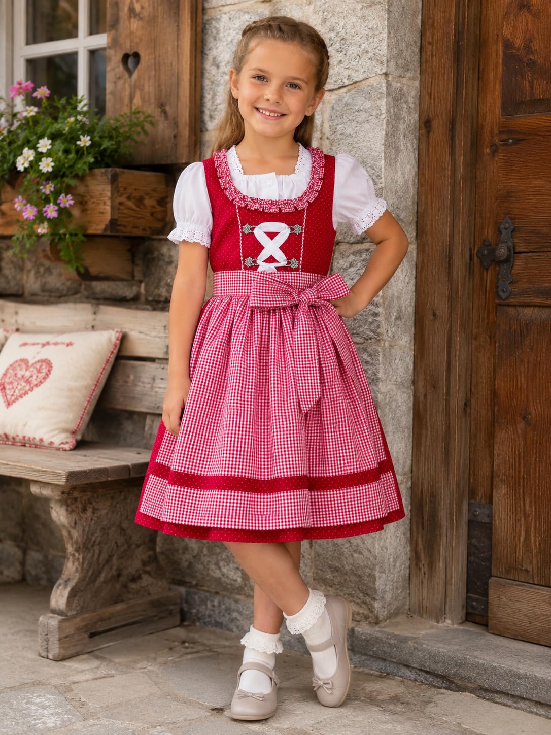 Ramona Lippert Kinderdindl Nele rot mit Bluse und Schürze, 3 teilig