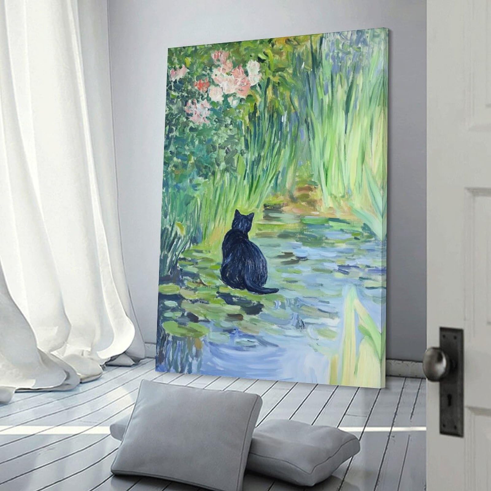 Junmoney Black Cat by The Pond Home Decor Wall Art 24x36inch(60x90cm), for Restful Interiors, Bedrooms Or Small Rooms, Decorative Wall Art for Cosy Rooms