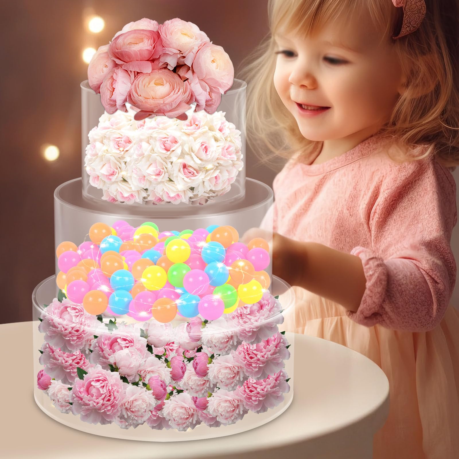 Acryl Befüllbarer Kuchen Stand mit 3 LED-Lichtstreifen, Tortenständer Round Kuchentrenner Backzubehör Klar Cake Stand Zylinder Display Riser Box für Hochzeiten Geburtstage geschäftliche Hotels