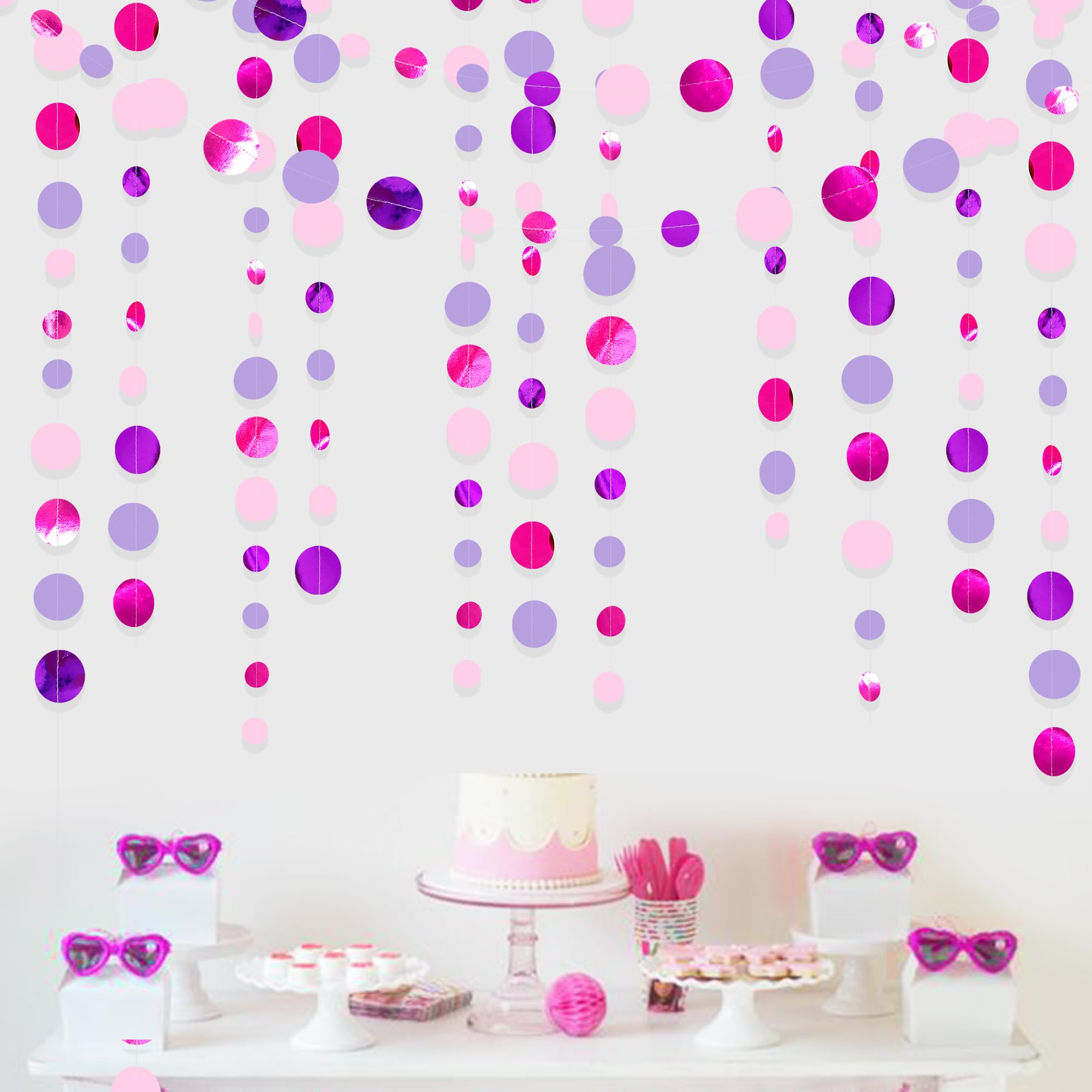 Pink and Purple Party Decorations Circle Dots Garland Hot Pink Lavender Hanging Polka Dot Streamer for Girls Birthday Baby Shower Bridal Shower