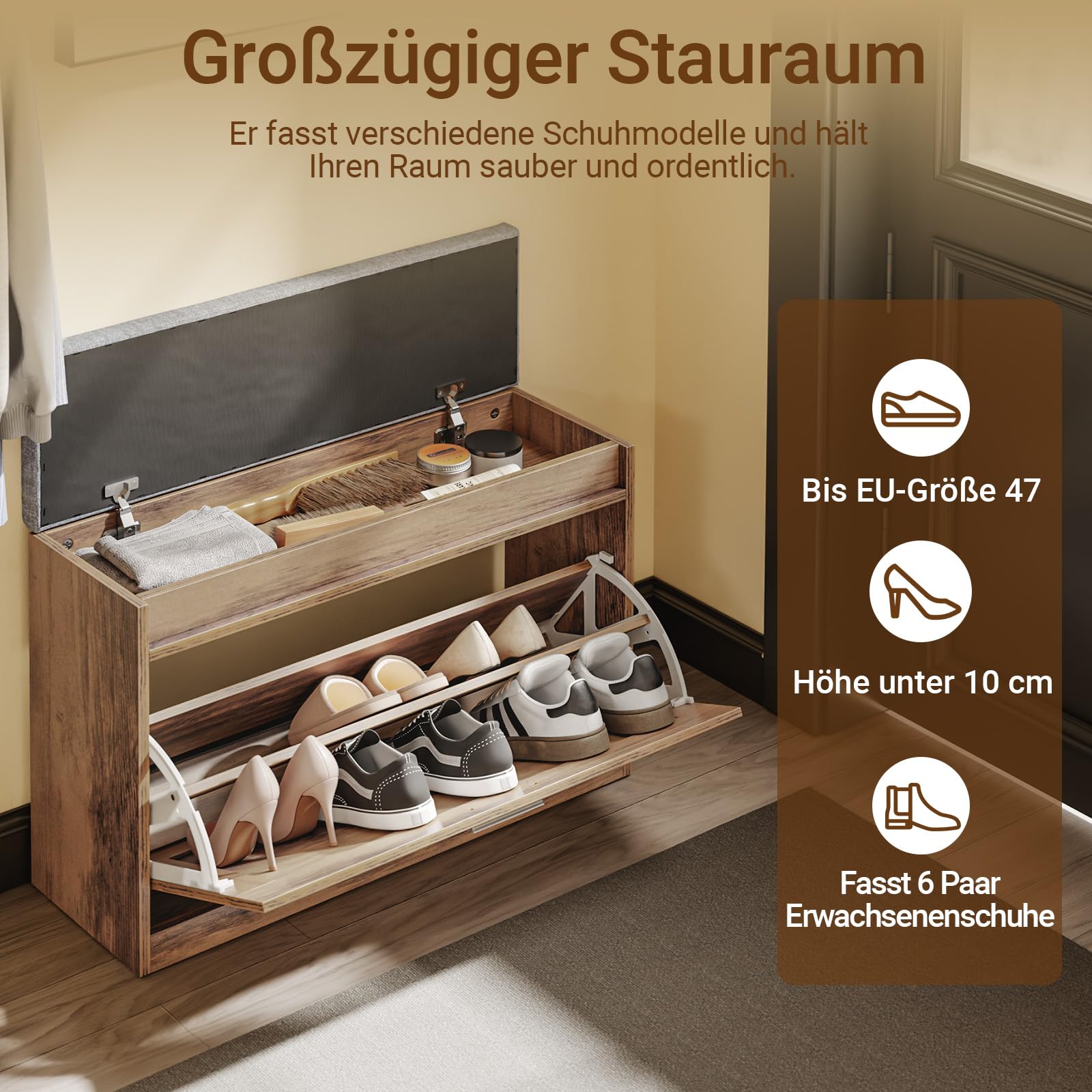 SoBuy Banco Zapatero de Entrada con Asiento - Banco Zapatero con Asiento Extra Estrecho 24 cm para Apartamentos Pequeños y Pasillos, Espacio para 6-8 Pares, Zapatos hasta EU 47 - FSR218-F