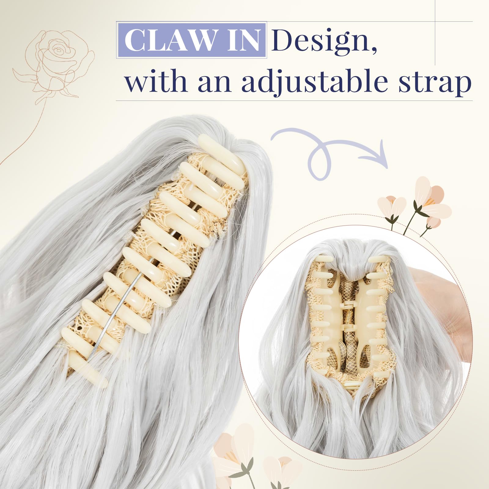 TESS Claw On Ponytail Extension Matte Material 14 Inch/37cm Curly Wavy Clip In Pony tail Synthetic Hairpiece, Silver Gray - Image 4