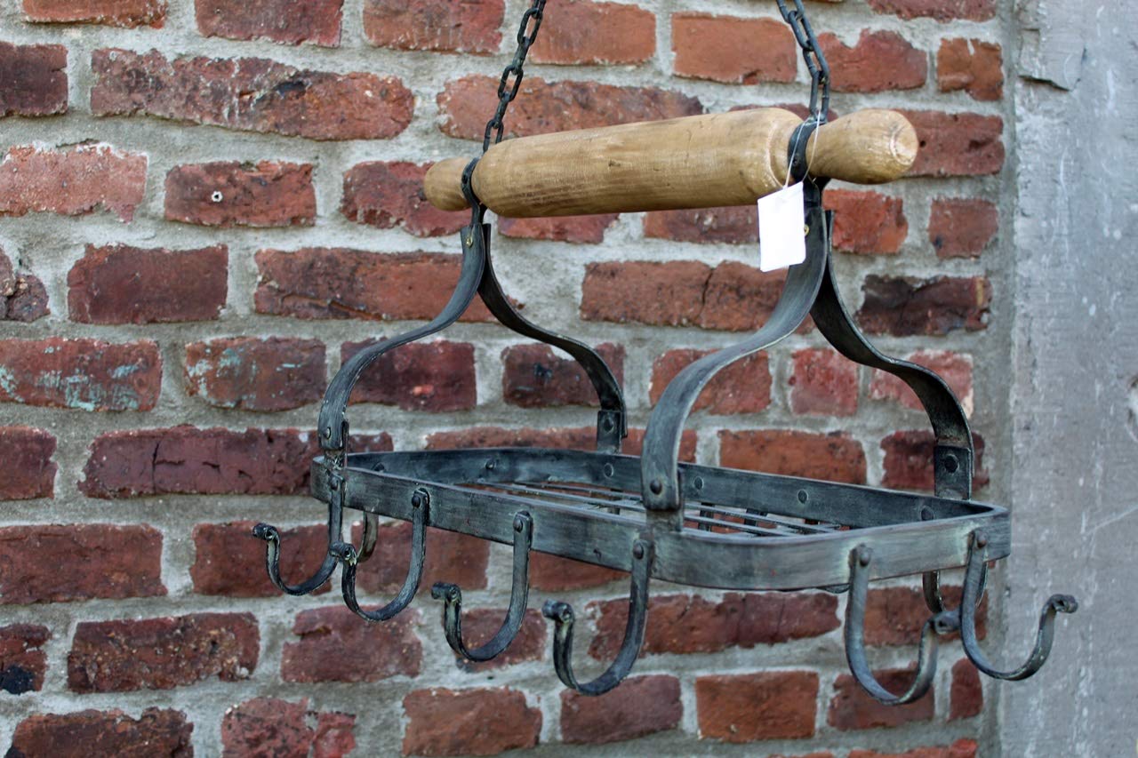 Unbekannt Eisen/Holz Speckhaken Kräuterhänger Nudelholz mit 12 Haken, Vintage Stil, Aufhängung, für die Küche