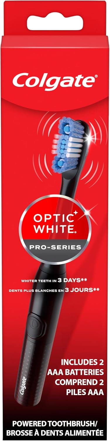 Optic White Pro-Series Battery Operated Electric Toothbrush, Soft | Whitening Toothrush, Built-In Brush Timer, Soft Bristles, Battery Powered, Black