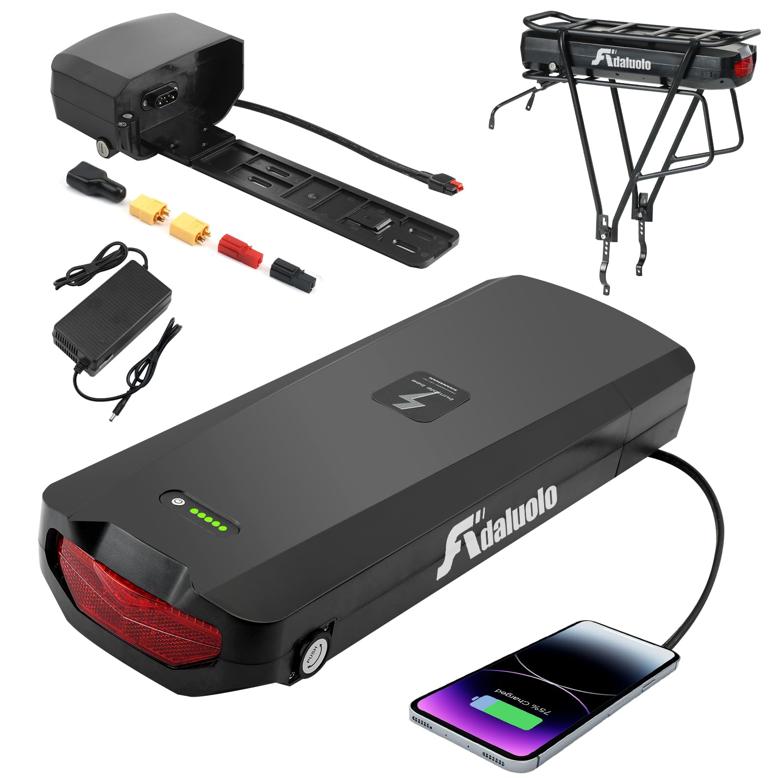 Gepäckträger Ebike-Akku, 36V 48V 52V 15AH 17.5AH Lithinum-Ionen Ebike Batterie Pedelec Akku mit Ladegerät, Rücklicht, Safe Lock für Elektrofahrrad