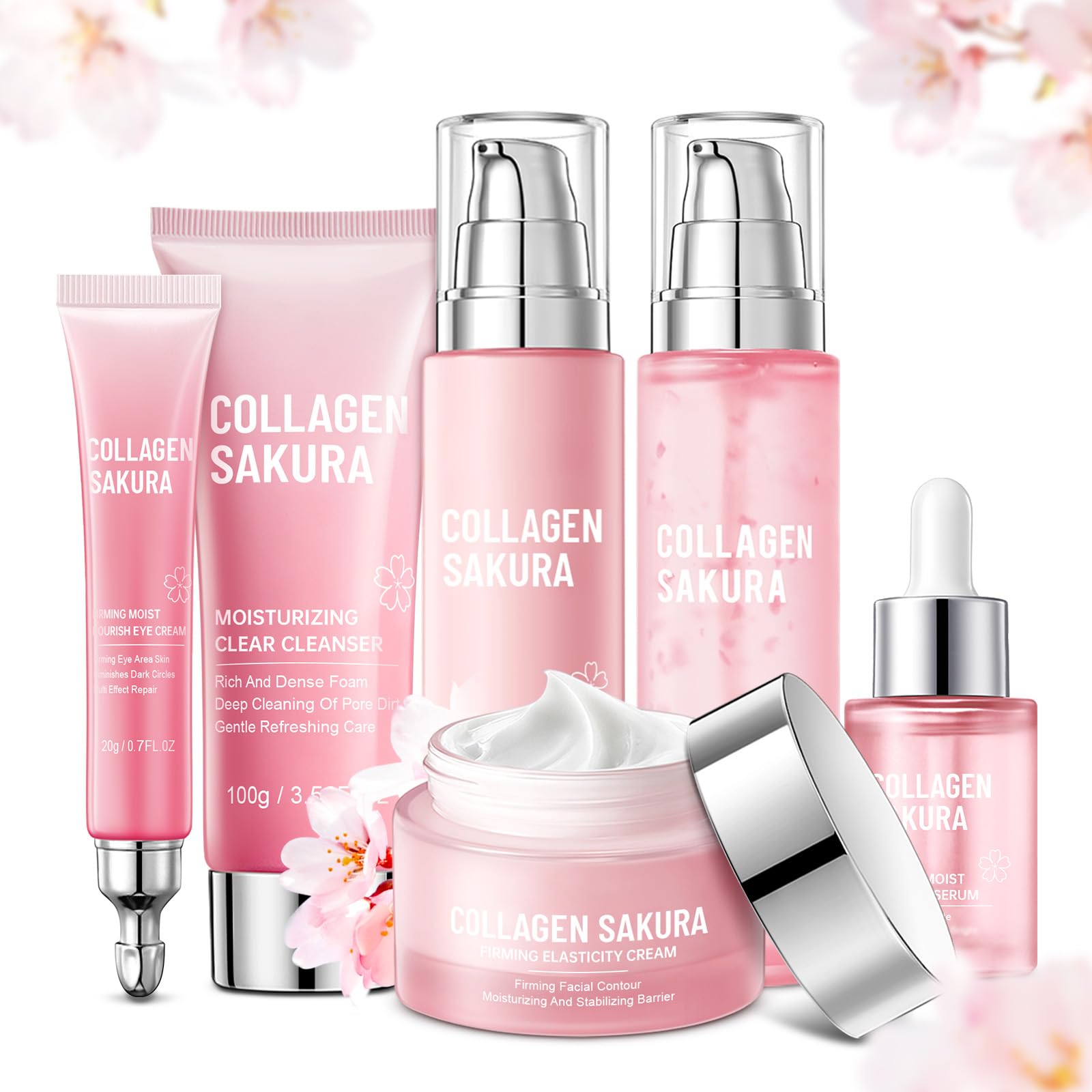 Sakura - Juego de cuidado de la piel de flor de cerezo para adolescentes, hidrata y repara la piel, 6 piezas de colágeno empaquetados individualmente con limpiador, tónico, loción, suero, crema y