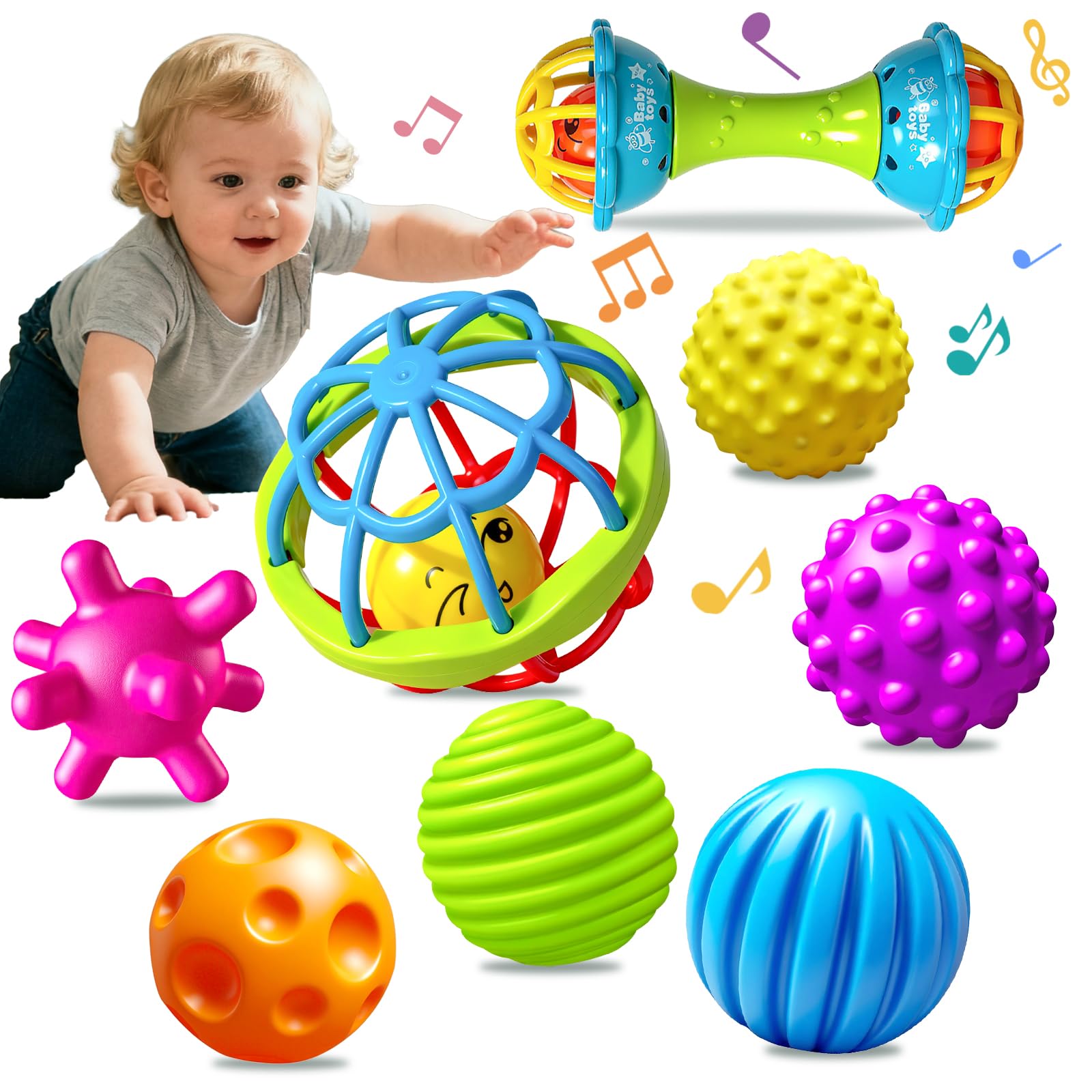 Ynanimery 8 Pack Baby Sensory Ball Toys for Newborn - Include MultiTextured Balls & Rattles for Early Development, Montessori Toys with Easy-Grip Soft Rubber Balls, Perfect for Birthady Gift