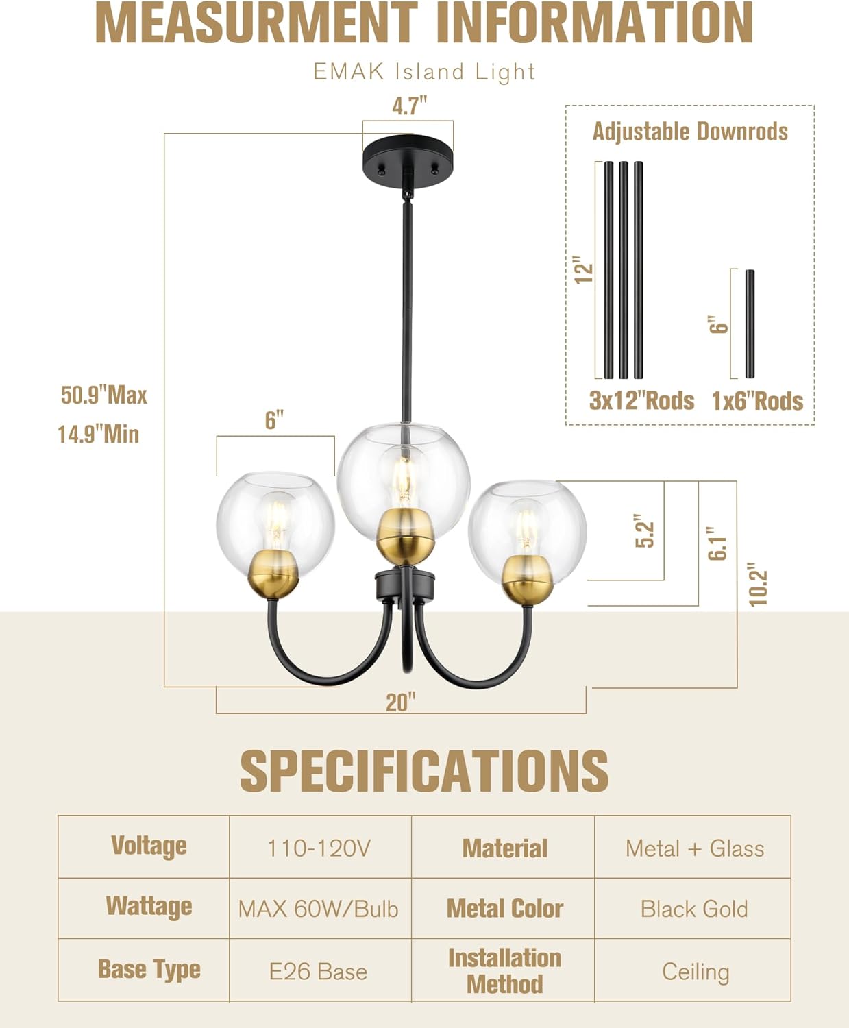 Emak 3-Light Black and Gold Dining Room Chandeliers, Modern Pendant Lights with Globe Glass Shade, Farmhouse 20 Inch Chandelier for Living Room, Entryway, Bathroom, Bedroom, Kitchen, CH114-BKBGD-CG-3