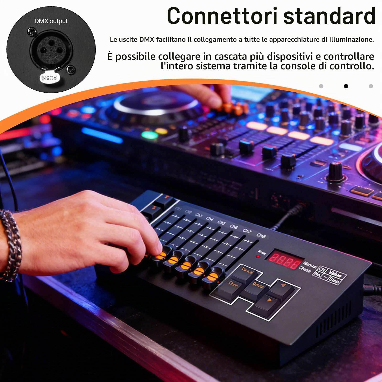 Controller DMX5102, Console di Controllo Luci a 40 Canali con 8 Fader e 5 Modalità Programmabili Controller DJ con 5 Effetti CHASE e Uscita DMX a 3 Pin per Illuminazione da Palco Spettacoli dal Vivo