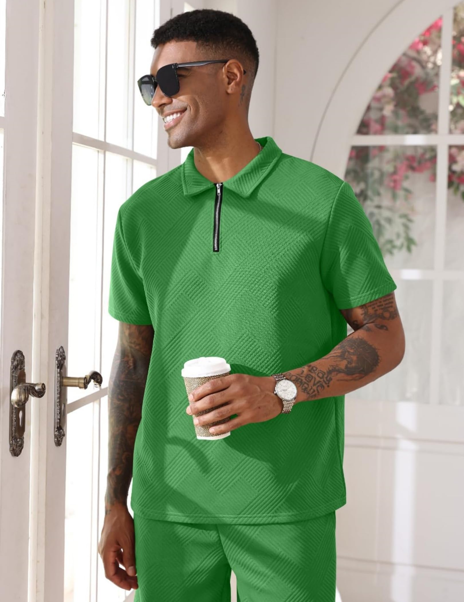 PICKLION Conjunto de 2 piezas de verano para hombre, manga corta y pantalones cortos, estilo casual, vacaciones, con cremallera de 1/4, polo de golf