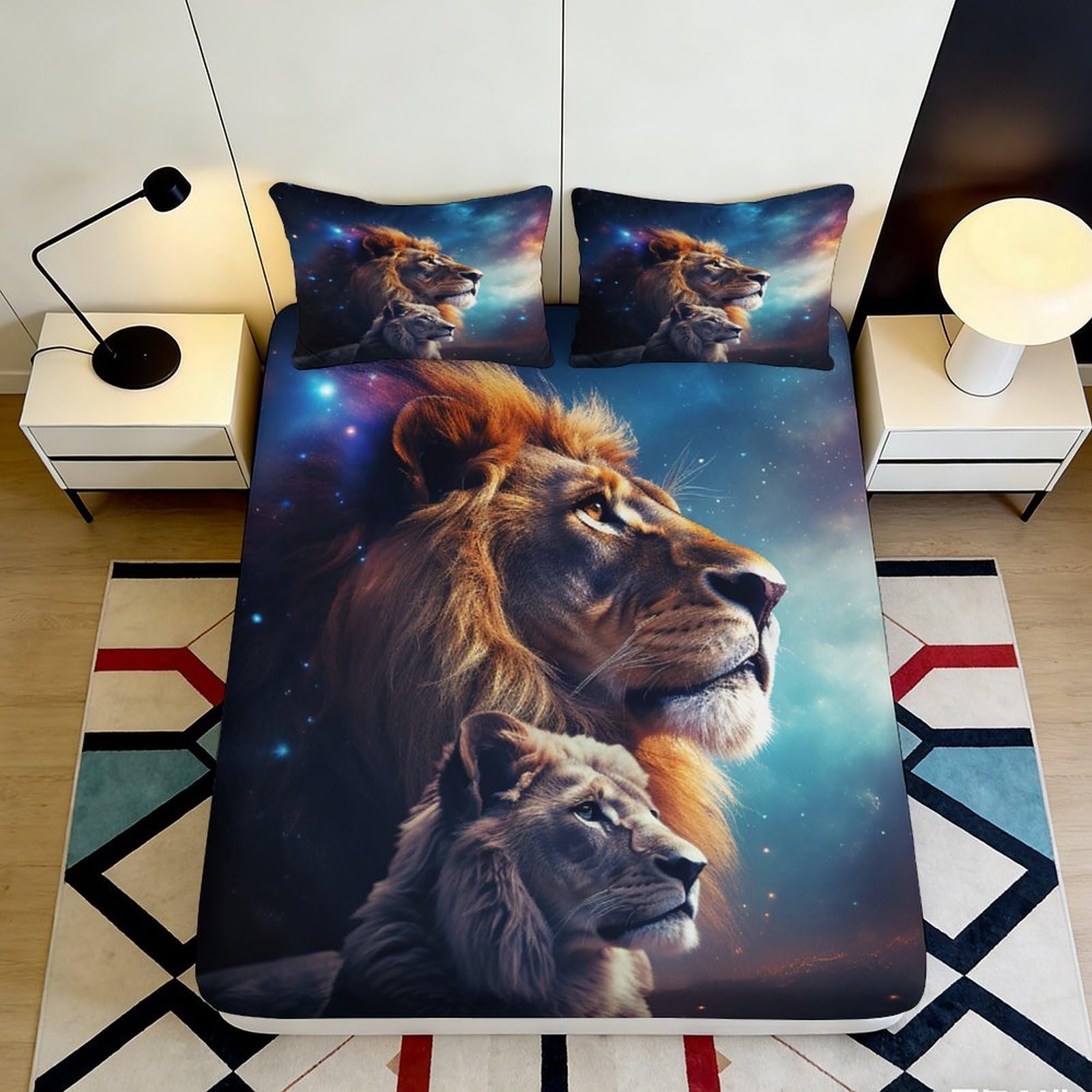 3D Printed Lion Fitted Sheet Microfiber Deep Pocket Full Wrap Bedding, Lion Mattress Fitted Cover Washable Non-Slip for Bedroom Home 200x200x25cm 90x200x25cm