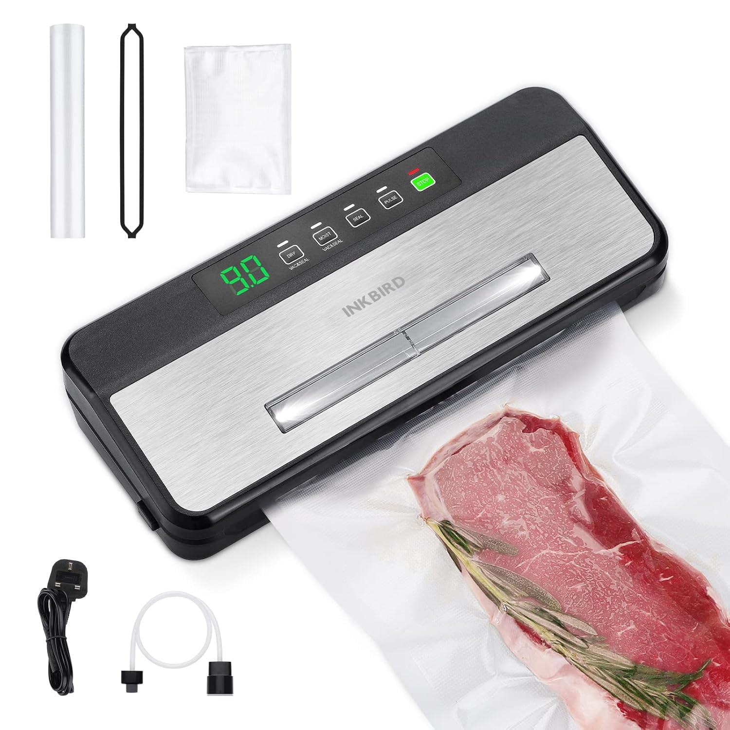 INKBIRD INK-VS03 Food Vacuum Sealer Machine Sealing Time Display 80KPA Strong Suction Automatic Vacuum Sealer with Starter Kit for Food Storage and Sous Vide UK Plug