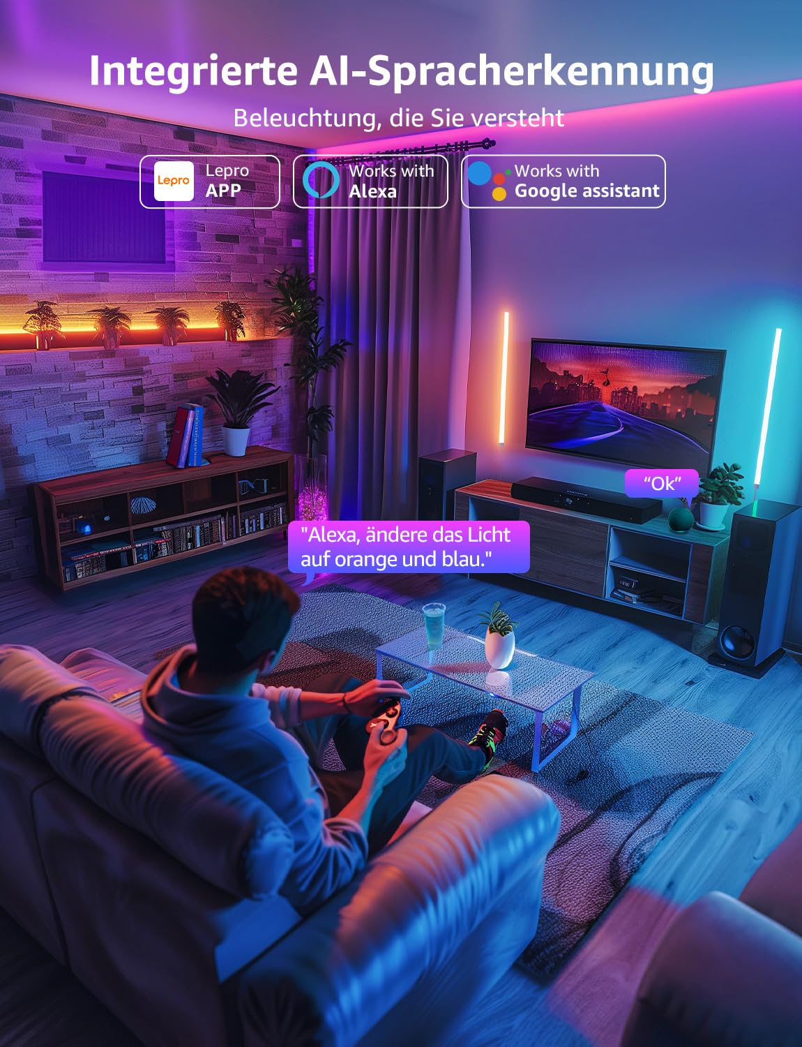 Lepro AI Glide Wall Light WL1, kompatibel mit Alexa&Google Assistant | Wandleuchte mit App-, Musik- und Sprachsteuerung, Personalisierter KI-Lichtdesigner für Gaming,Wand Deko, 8 Stück & 4 Ecke