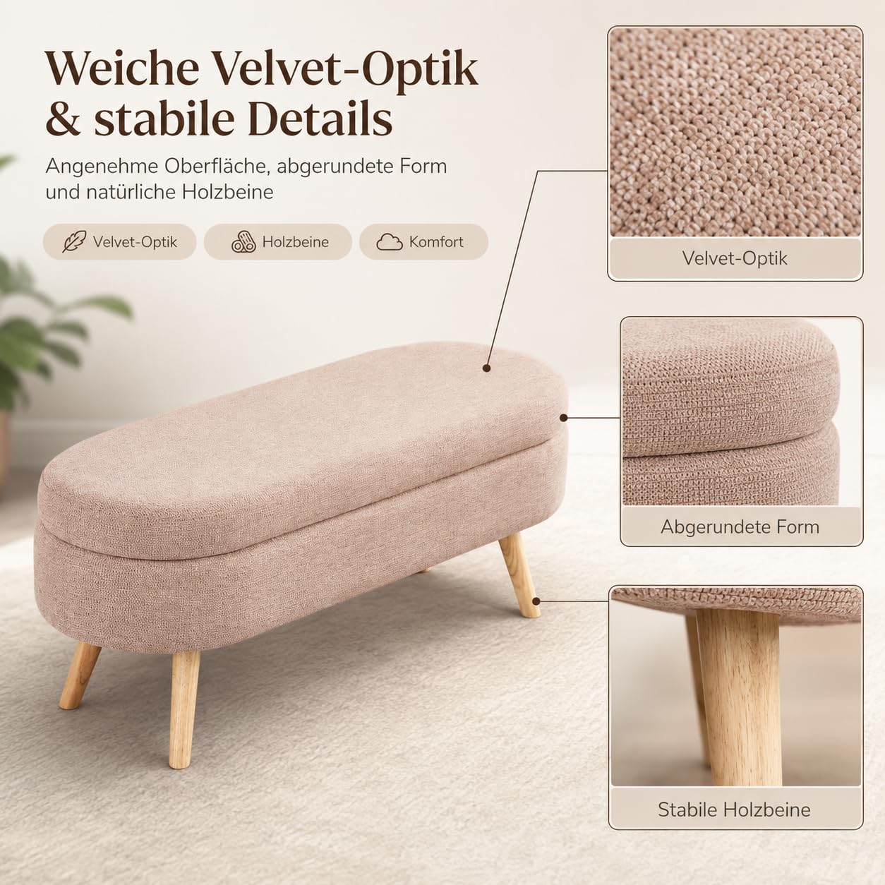Sitzbank mit Stauraum, Polsterbank 110 cm mit Klappdeckel, Bettbank für Schlafzimmer, Flur & Wohnzimmer, Chenille-Optik,Holzbeine, bis 150 kg belastbar (Rosa)