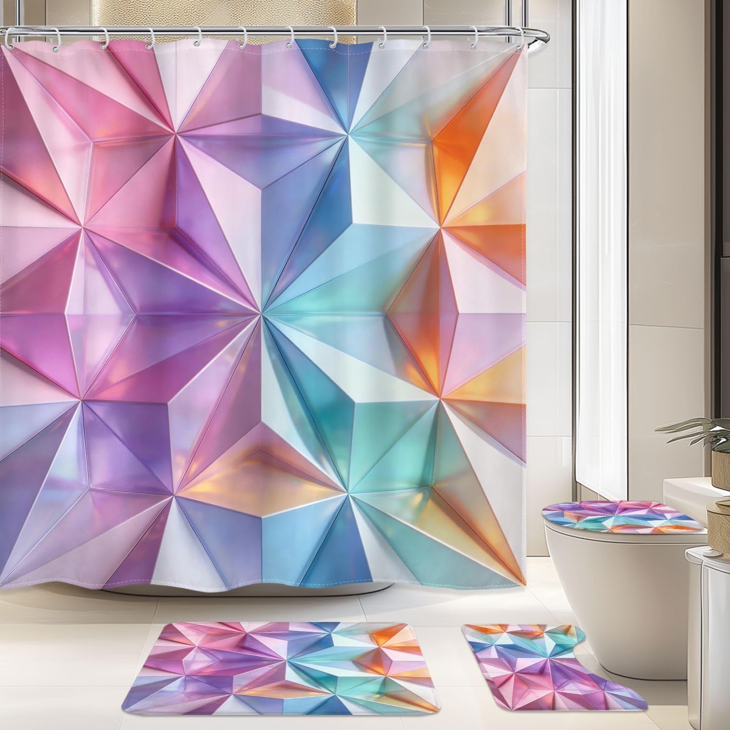 Abstract Rainbow Shower Curtain Set 4Pcs Geometric Bathroom Set with Rugs