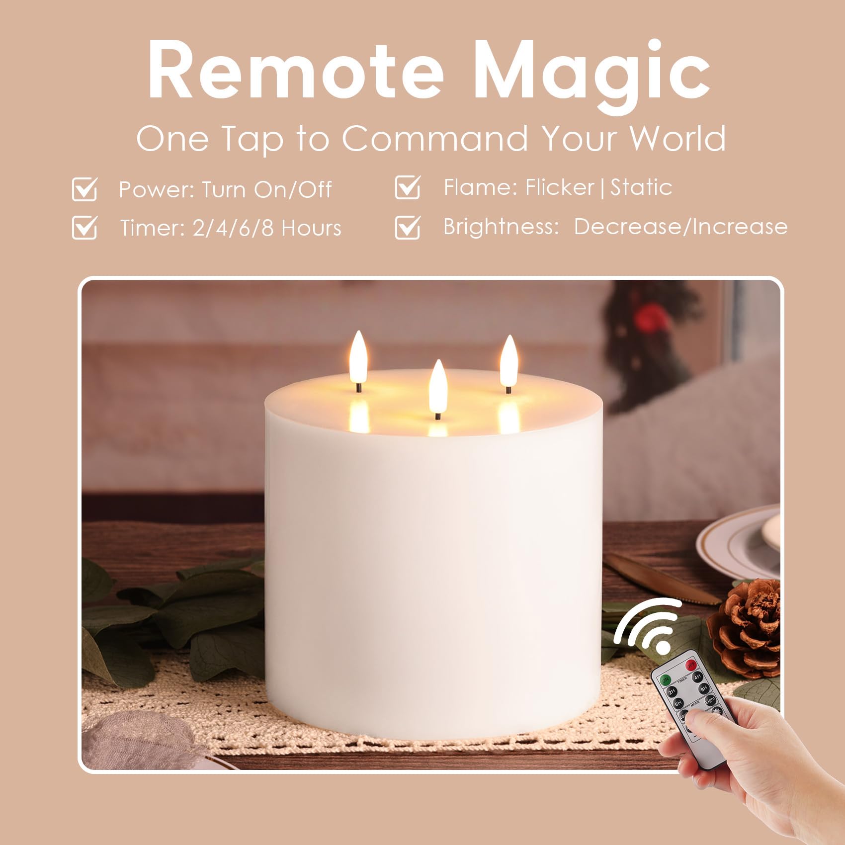 Candela bianca senza fiamma a 3 stoppini con telecomando, 15,2 x 15,2 cm, candela gigante a LED, funzionamento a batteria, in vera cera tremolante