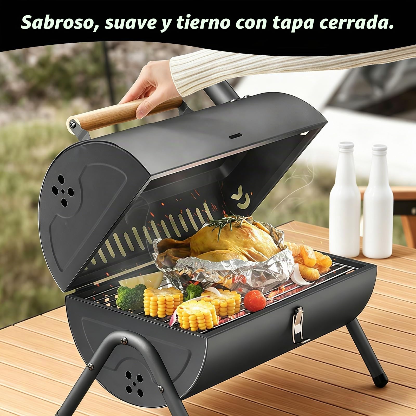 Barbacoa de carbón de doble cara portátil, pequeña parrilla de carbón vegetal para asar y asar, parrilla de mesa ligera para camping al aire libre picnic