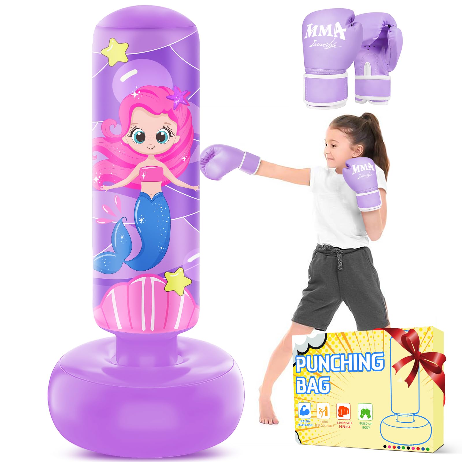 Saco de Boxeo Inflable Grande 168 cm para Niños 5-12 Años con Guantes, Set de Karate Taekwondo MMA