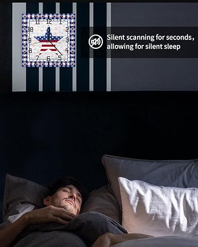 Miniatura 6 de 4th of July Wooden Wall Clock Silent Non Ticking, American Flag Star on Wood Blue Checkered Square Wall Clock Battery Operated, Decor Clock for Home
