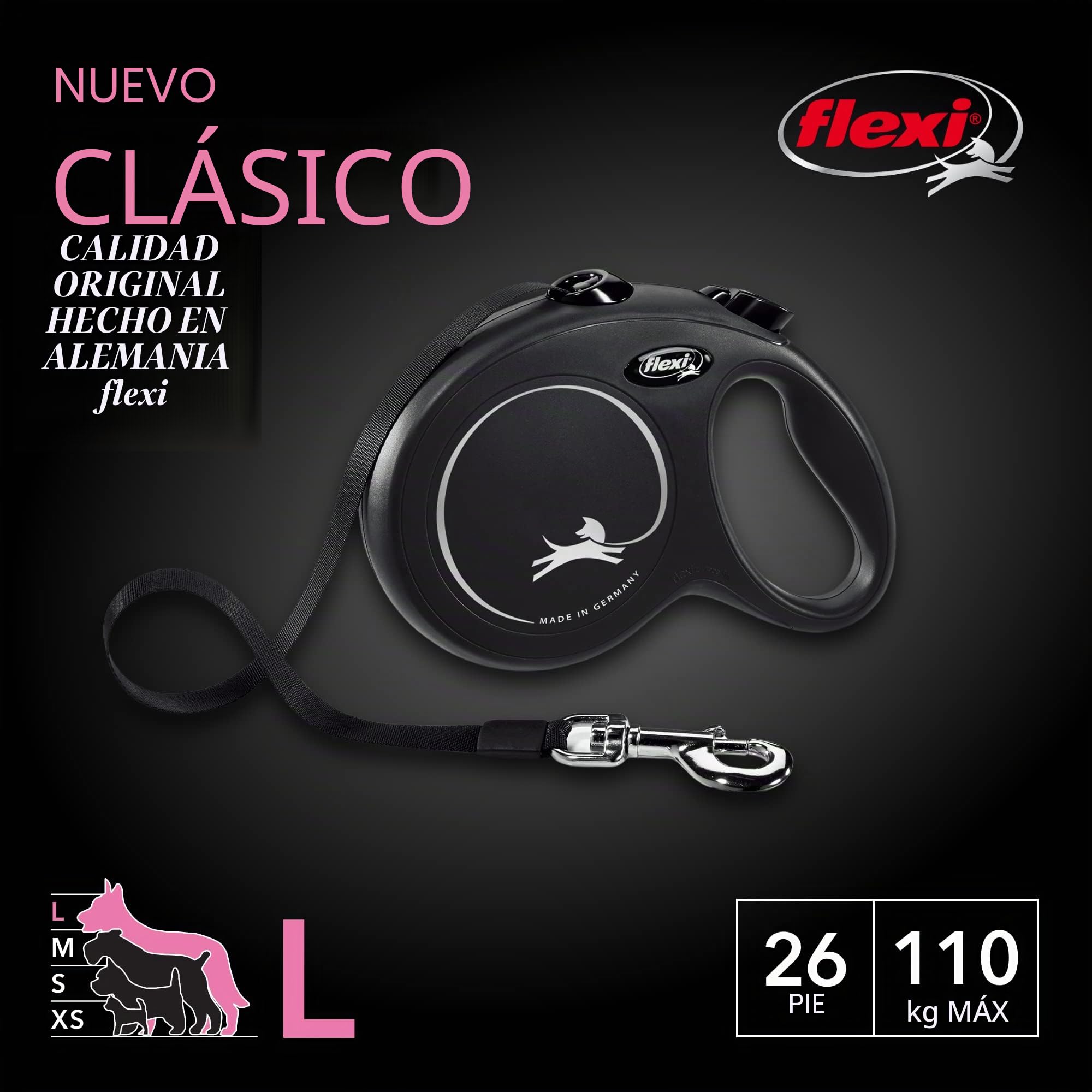 flexi 4 Correa retráctil clásica para Perro, pies, Grande, Color Negro, Nailon, Large, 26 ft