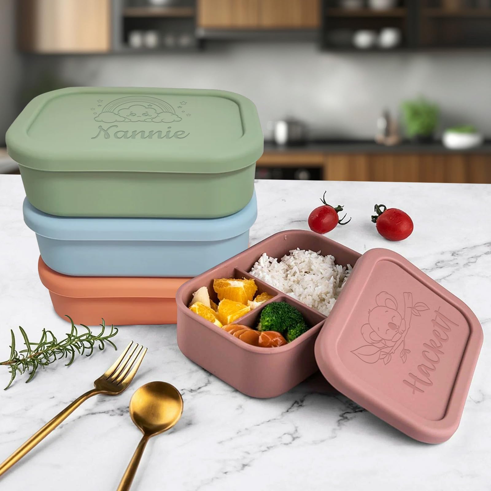 Fiambrera Bento Personalizado, Fiambreras de Silicona con Nombre, 20 patrón | Fiambrera Bento de Silicona de 3 Compartimentos Personalizada, Fiambrera de 800 ml, para Microondas Lavavajillas Antiderrames