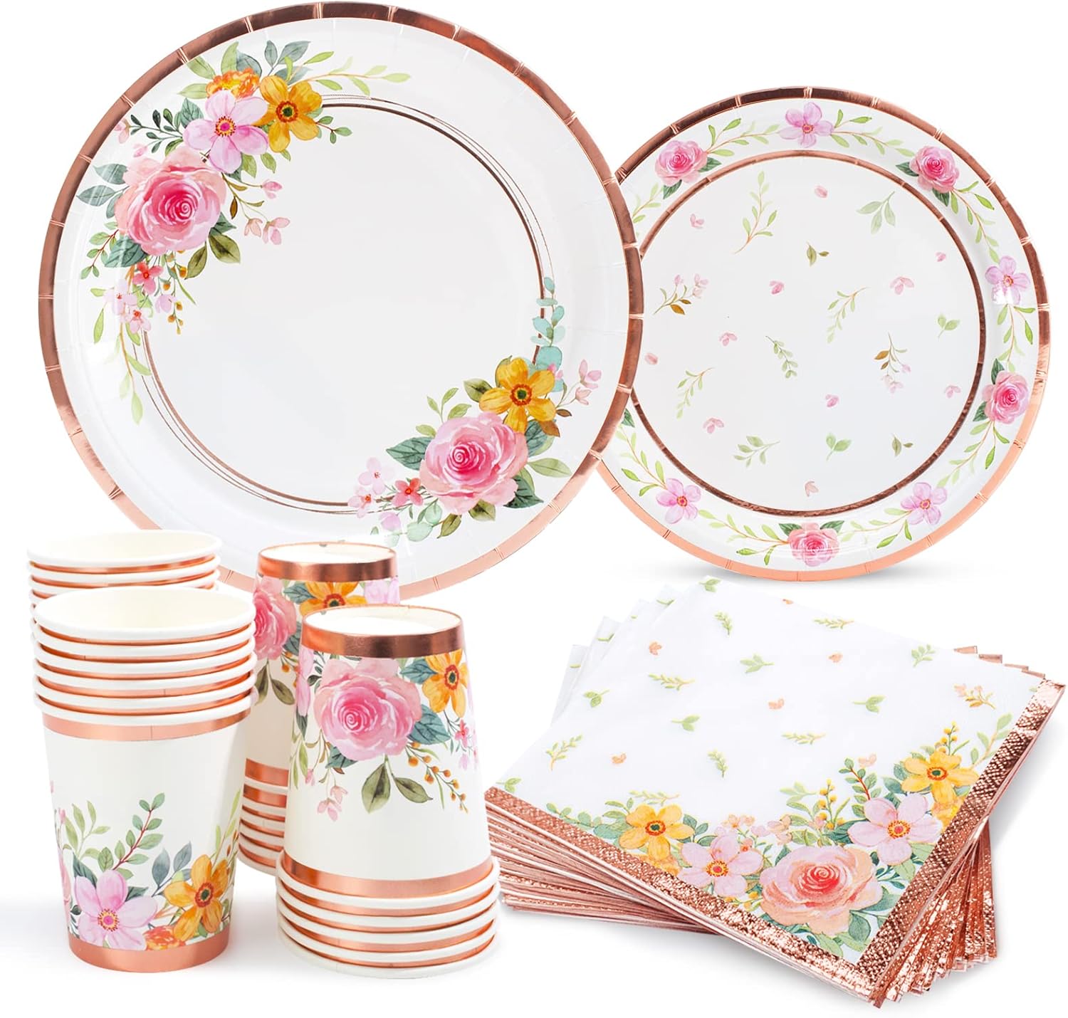 HOMIX Floral Paper Plates and Napkins Cups Sets Pink Flower