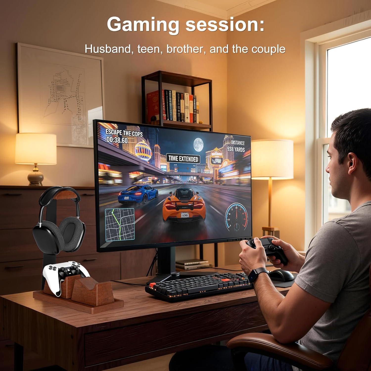 UPERGO Headset Stand with 2 Controller Holders - Solid Wood & Metal Gaming Headphone Holder for Switch, Controllers, and Desk Accessories (Wood)